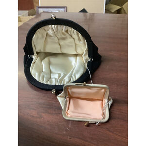 VINTAGE JR USA BLACK FABRIC EVENING BAG WITH RHINESTONE Kiss CLASP